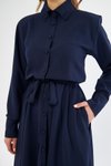 Lacivert Midi Uzun Kol Kuşaklı Beli Lastikli Cepli Gömlek Elbise