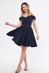 Lacivert Mini Askılı Kayık Yaka Detay Pileli Kloş Abiye Elbise
