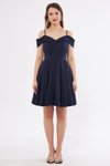 Lacivert Mini Askılı Kayık Yaka Detay Pileli Kloş Abiye Elbise