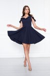 Lacivert Mini Ayarlanabilir Askılı Yaka Fırfır Detay Dokuma Kumaş Pileli Kloş Abiye Elbise