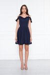 Lacivert Mini Ayarlanabilir Askılı Yaka Fırfır Detay Dokuma Kumaş Pileli Kloş Abiye Elbise