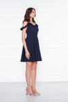 Lacivert Mini Ayarlanabilir Askılı Yaka Fırfır Detay Dokuma Kumaş Pileli Kloş Abiye Elbise