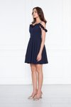 Lacivert Mini Ayarlanabilir Askılı Yaka Fırfır Detay Dokuma Kumaş Pileli Kloş Abiye Elbise