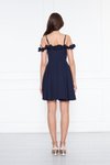 Lacivert Mini Ayarlanabilir Askılı Yaka Fırfır Detay Dokuma Kumaş Pileli Kloş Abiye Elbise