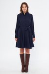 Lacivert Mini Dokuma Dökümlü Kumaş Uzun Kol Beli Lastikli Ve Kuşaklı Gömlek Elbise