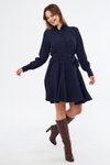 Lacivert Mini Dokuma Dökümlü Kumaş Uzun Kol Beli Lastikli Ve Kuşaklı Gömlek Elbise