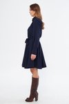 Lacivert Mini Dokuma Dökümlü Kumaş Uzun Kol Beli Lastikli Ve Kuşaklı Gömlek Elbise