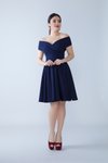 Lacivert Mini Kayık Yaka Dökümlü Dokuma Kumaş Pileli Kloş Abiye Elbise