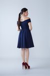 Lacivert Mini Kayık Yaka Dökümlü Dokuma Kumaş Pileli Kloş Abiye Elbise