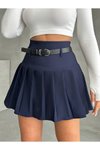 Lacivert Mini Pileli Kemer Detaylı Şort Etek