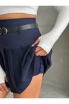 Lacivert Mini Pileli Kemer Detaylı Şort Etek