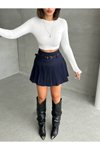 Lacivert Mini Pileli Kemer Detaylı Şort Etek