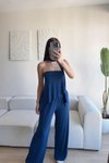 Lacivert Straplez Asimetrik Bluz Pantolon Fularlı İkili Takım