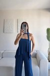 Lacivert Straplez Asimetrik Bluz Pantolon Fularlı İkili Takım