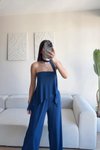 Lacivert Straplez Asimetrik Bluz Pantolon Fularlı İkili Takım