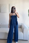 Lacivert Straplez Asimetrik Bluz Pantolon Fularlı İkili Takım