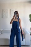 Lacivert Straplez Asimetrik Bluz Pantolon Fularlı İkili Takım