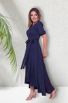 Lacivert Uzun Asimetrik Kesim Kruvaze Yaka Kısa Kol Abiye Elbise