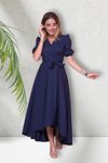 Lacivert Uzun Asimetrik Kesim Kruvaze Yaka Kısa Kol Abiye Elbise