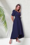 Lacivert Uzun Asimetrik Kesim Kruvaze Yaka Kısa Kol Abiye Elbise