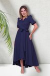 Lacivert Uzun Asimetrik Kesim Kruvaze Yaka Kısa Kol Abiye Elbise