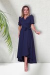 Lacivert Uzun Asimetrik Kesim Kruvaze Yaka Kısa Kol Abiye Elbise