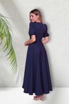 Lacivert Uzun Asimetrik Kesim Kruvaze Yaka Kısa Kol Abiye Elbise