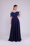 Lacivert Uzun Askılı Kayık Yaka Püskül Detay Abiye Elbise