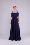 Lacivert Uzun Askılı Kayık Yaka Püskül Detay Abiye Elbise
