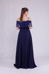 Lacivert Uzun Askılı Kayık Yaka Püskül Detay Abiye Elbise
