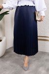 Lacivert Uzun Deri Görünümlü Beli Lastikli Piliseli Etek