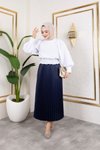 Lacivert Uzun Deri Görünümlü Beli Lastikli Piliseli Etek