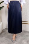 Lacivert Uzun Deri Görünümlü Beli Lastikli Piliseli Etek