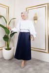 Lacivert Uzun Deri Görünümlü Beli Lastikli Piliseli Etek