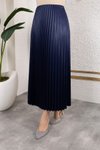 Lacivert Uzun Deri Görünümlü Beli Lastikli Piliseli Etek