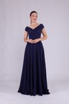 Lacivert Uzun Kayık Yaka Abiye Elbise