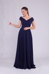Lacivert Uzun Kayık Yaka Abiye Elbise