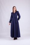 Lacivert Uzun Kruvaze Yaka Kol Elbise