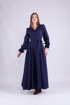 Lacivert Uzun Kruvaze Yaka Kol Elbise