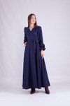 Lacivert Uzun Kruvaze Yaka Kol Elbise