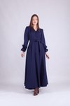 Lacivert Uzun Kruvaze Yaka Kol Elbise