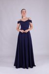 Lacivert Uzun Omuz Detay Askılı Abiye Elbise