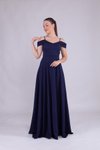 Lacivert Uzun Omuz Detay Askılı Abiye Elbise
