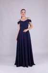 Lacivert Uzun Omuz Detay Askılı Abiye Elbise