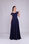 Lacivert Uzun Omuz Detay Askılı Abiye Elbise