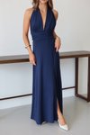 Lacivert Uzun Sırt Dekolteli Boyundan Bağlamalı Yırtmaçlı Elbise