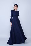 Lacivert Uzun Yuvarlak Yaka Kol Dokuma Kumaş Beli Büzgülü Kuşaklı Tesettür Abiye Elbise