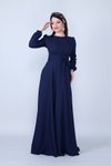 Lacivert Uzun Yuvarlak Yaka Kol Dokuma Kumaş Beli Büzgülü Kuşaklı Tesettür Abiye Elbise