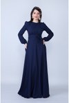 Lacivert Uzun Yuvarlak Yaka Kol Dokuma Kumaş Beli Büzgülü Kuşaklı Tesettür Abiye Elbise