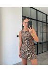 Leopar Mini Desenli Eskitme Keten Elbise